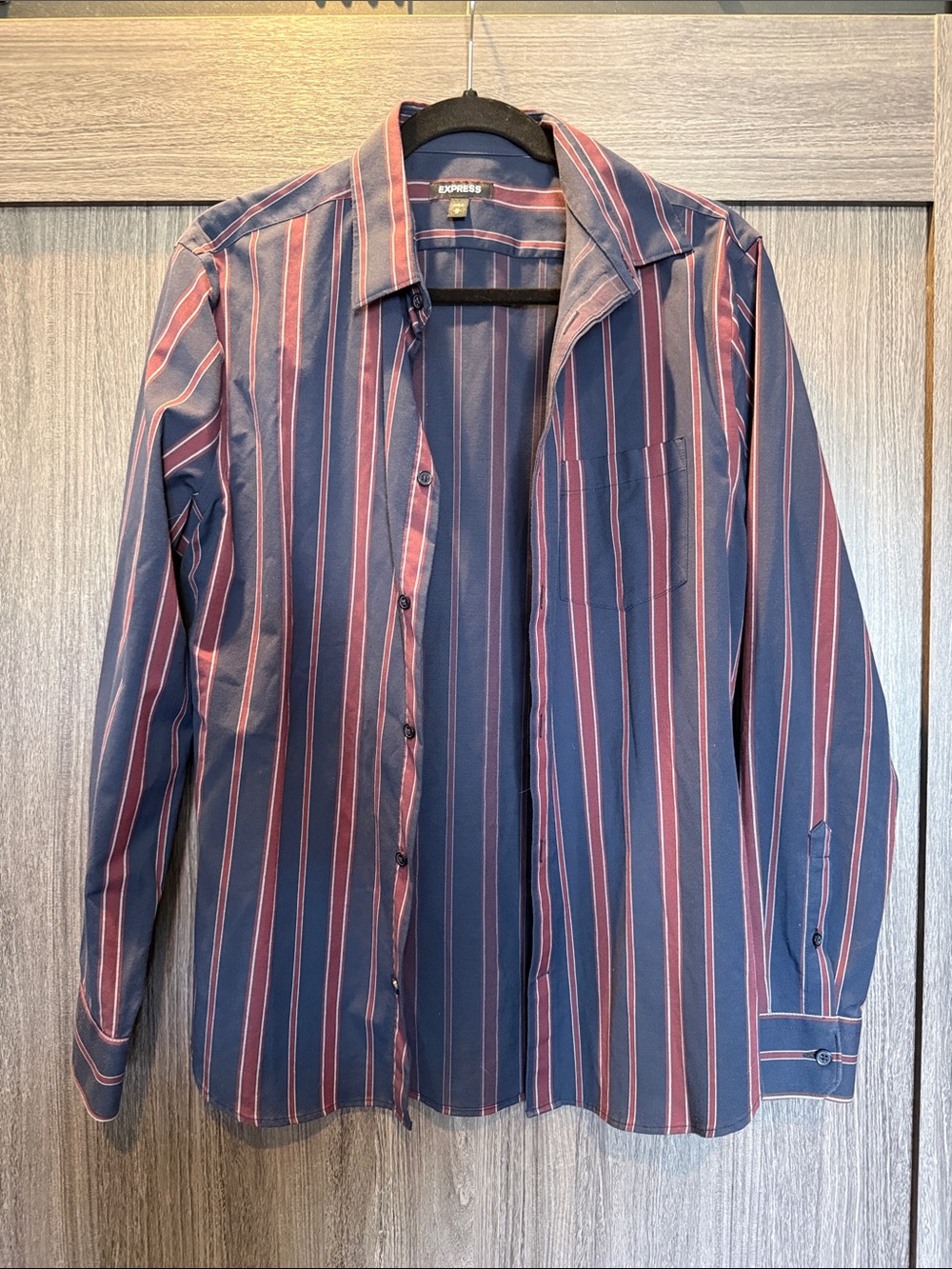 Express Navy and Burgundy Vertical Stripe Button-Down Shirt